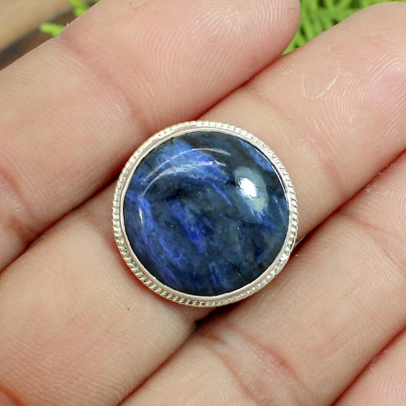Handmade Dumortierite Ring: Round Blue Stone, 925 Sterling Silver