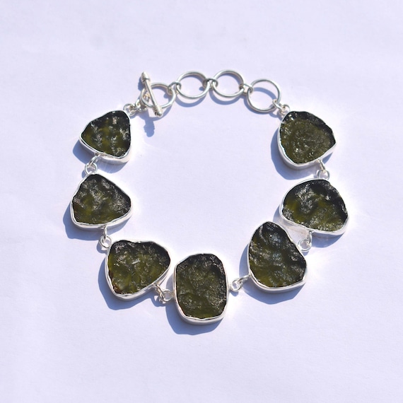 Handmade Moldavite Bracelet: 925 Sterling Silver Rough Gemstone