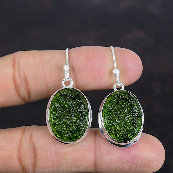 Handmade Moldavite Earrings: Oval 925 Sterling Silver Gemstone Jewelry