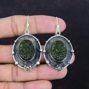 Handmade Oval Moldavite Earrings: 925 Sterling Silver Gemstone Jewelry