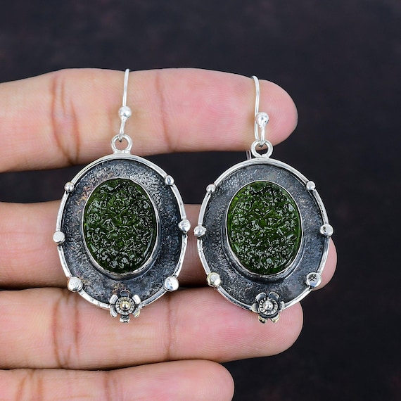 Handmade Oval Moldavite Earrings: 925 Sterling Silver Gemstone Jewelry