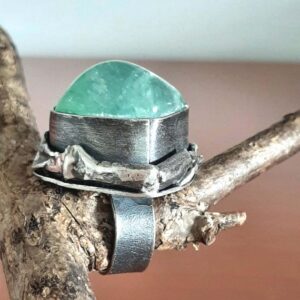 Handmade Oxidized Sterling Silver Green Calcite Ring - Size 7.5 Adjustable
