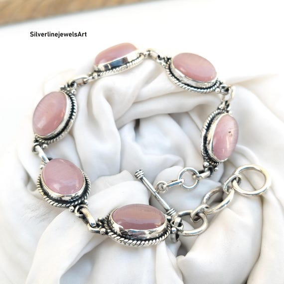Handmade Pink Calcite Bracelet, 925 Sterling Silver Jewelry