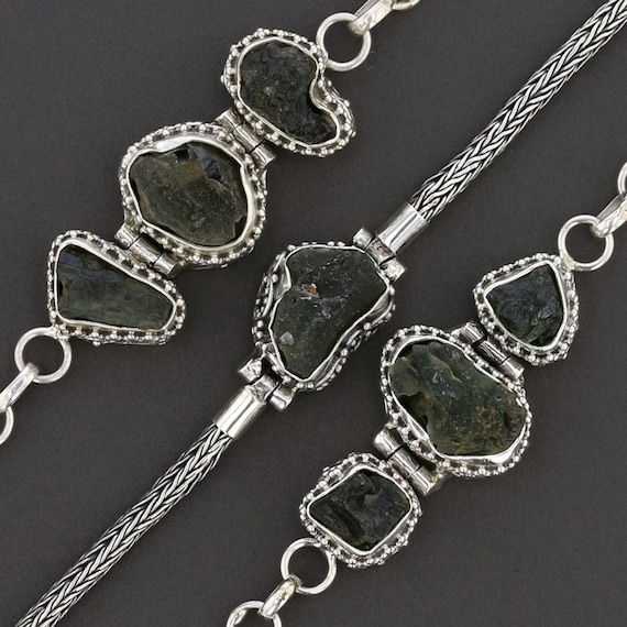 Handmade Sterling Silver Moldavite Bracelet: Raw Gemstone Boho Jewelry
