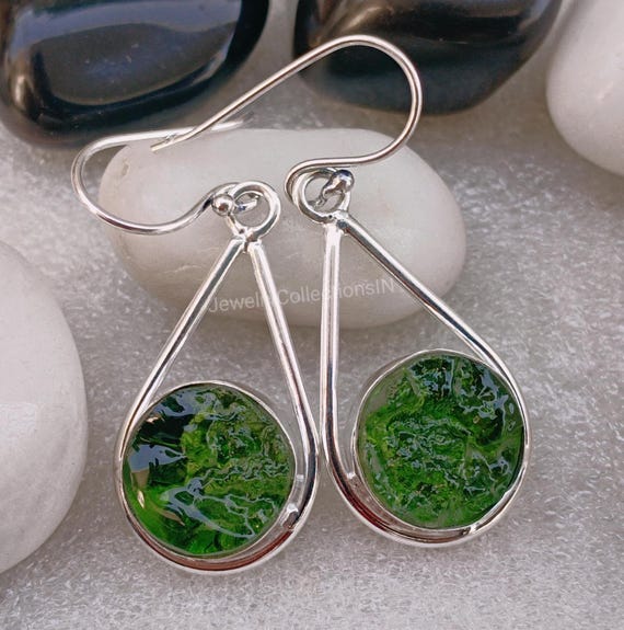 Handmade Sterling Silver Moldavite Earrings: Czech Rough Gemstone Jewelry Handmade Sterling Silver Moldavite Earrings: Czech Rough Gemstone Jewelry