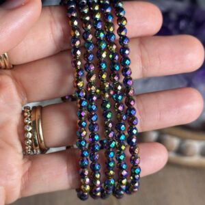 4mm Faceted Rainbow Hematite Bracelet: Titanium Aura Crystal Jewelry
