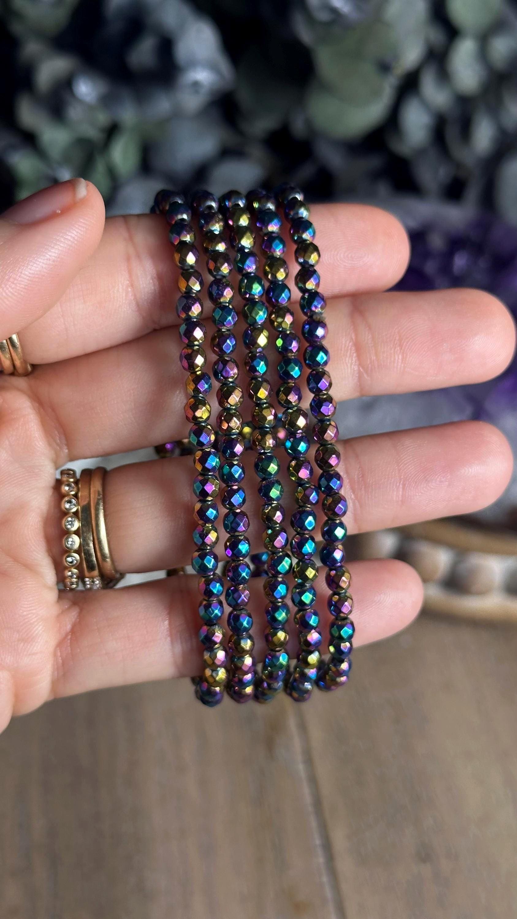 4mm Faceted Rainbow Hematite Bracelet: Titanium Aura Crystal Jewelry
