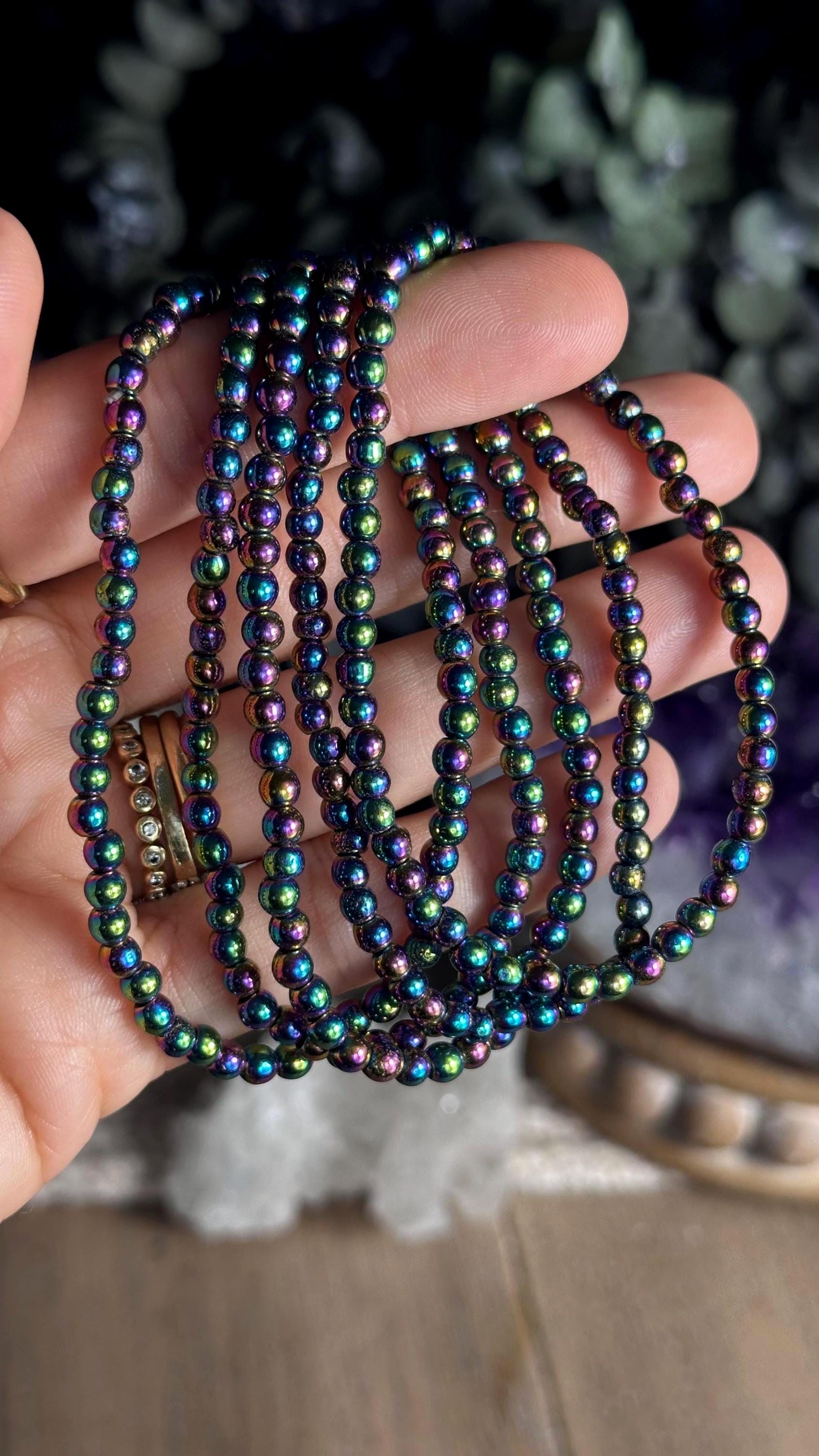 4mm Rainbow Hematite Bracelet: Titanium Aura Crystal Beaded Stretch Jewelry