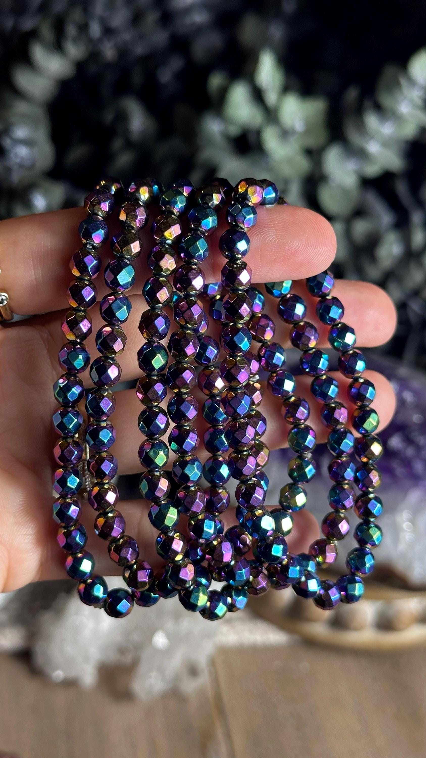 6mm Rainbow Hematite Bracelet: Faceted Crystal Beaded Stretch Bracelet