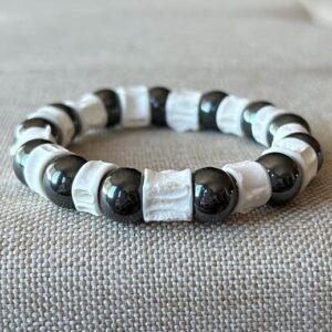 Black Hematite and White Bone Bracelet, Recycled Fish Bone, Textured Beads, Black and White Jewelry Black Hematite and White Bone Bracelet, Recycled Fish Bone, Textured Beads, Black and White Jewelry