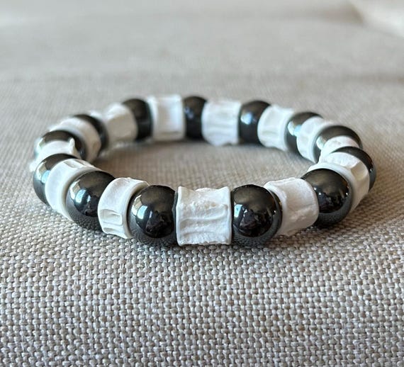 Black Hematite And White Bone Bracelet, Recycled Fish Bone, Textured Beads, Black And White Jewelry