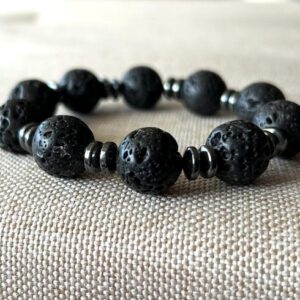 Black Lava Bracelet, Mens Hematite Bracelet, Stretch Simple Black Bracelet Hematite Rondelles Classy Black Lava Bracelet, Mens Hematite Bracelet, Stretch Simple Black Bracelet Hematite Rondelles Classy