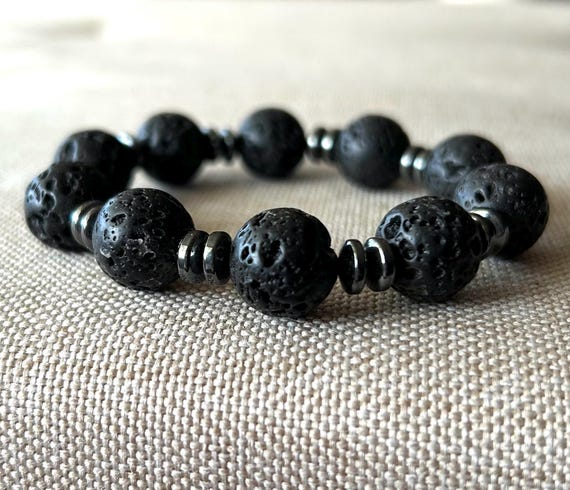 Black Lava Bracelet, Mens Hematite Bracelet, Stretch Simple Black Bracelet Hematite Rondelles Classy