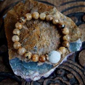 Carved Matte Burma Jadeite 12mm Bead, 8mm Gold Rutile With Hematite Bracelet Good Luck Protection Wealth