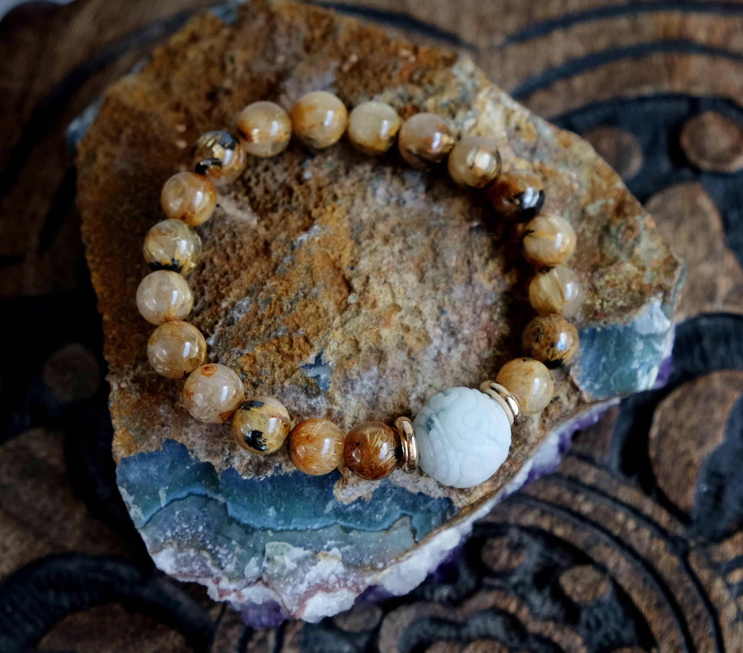 Carved Matte Burma Jadeite 12mm Bead, 8mm Gold Rutile With Hematite Bracelet Good Luck Protection Wealth