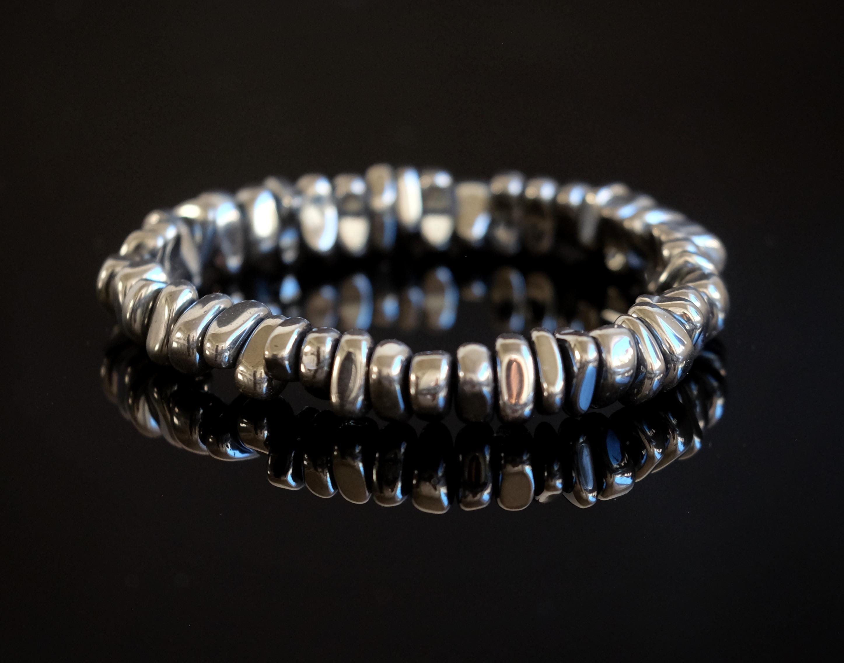 Chunky Hematite 12mm Thick Nugget Stretch Bracelet Bright Silver Or Gunmetal Natural
