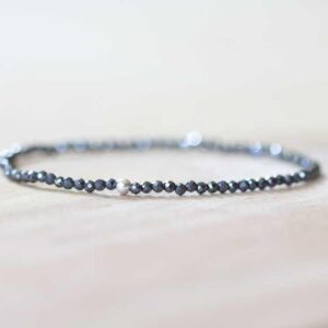 Dainty Hematite Stretch Bracelet: Tiny Faceted Black Gemstone Jewelry With Sterling Silver, Yellow Or Rose Gold Filled