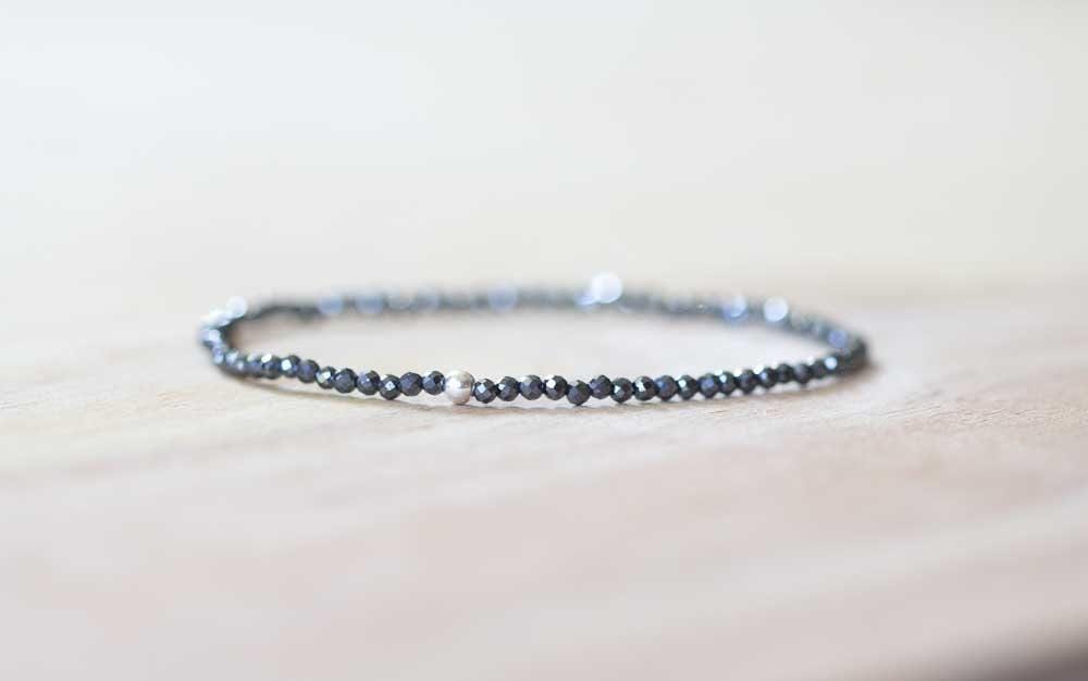 Dainty Hematite Stretch Bracelet: Tiny Faceted Black Gemstone Jewelry With Sterling Silver, Yellow Or Rose Gold Filled Dainty Hematite Stretch Bracelet: Tiny Faceted Black Gemstone Jewelry With Sterling Silver, Yellow Or Rose Gold Filled