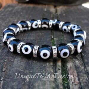 Evil Eye Beaded Bracelet: Sterling Silver, Hematite, Crystal Spacers, 7"