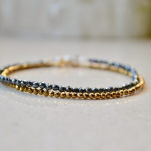 Bracelet Femme, Dainty Hematite Bracelet - Gemstone Beaded Bracelet, Tiny Bracelet In Black And Gold Colors - Gift For Her