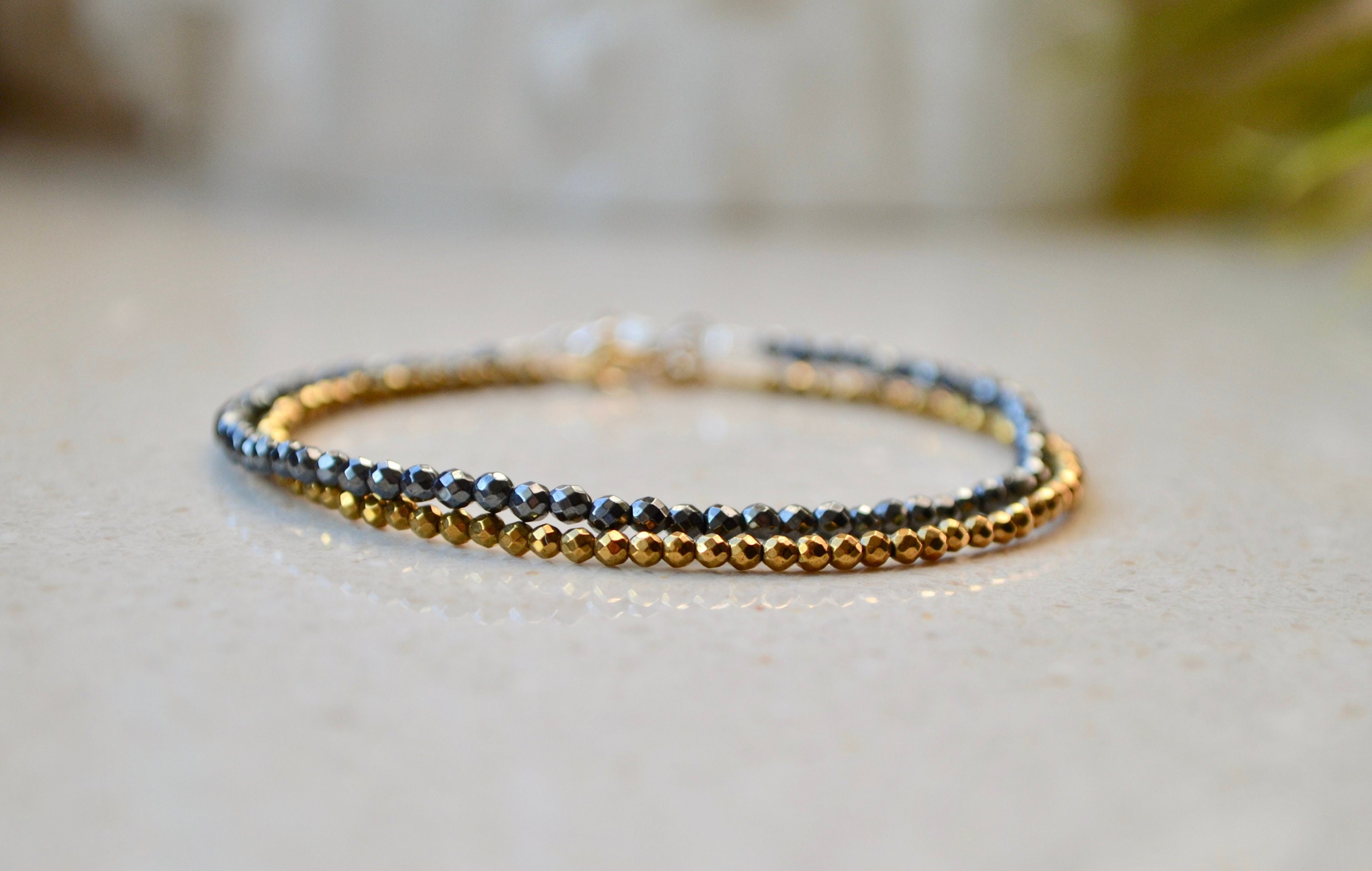 Bracelet Femme, Dainty Hematite Bracelet - Gemstone Beaded Bracelet, Tiny Bracelet In Black And Gold Colors - Gift For Her