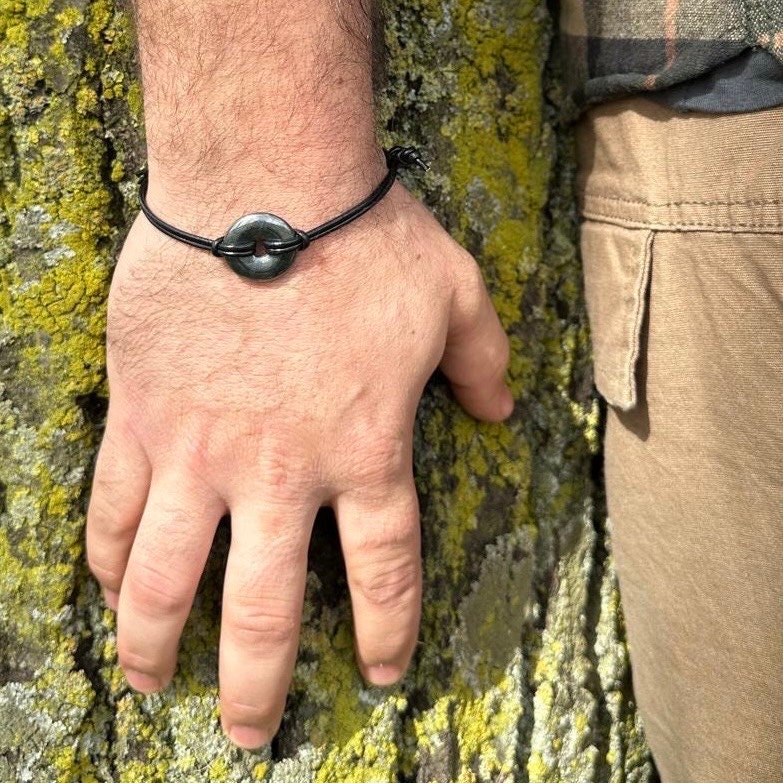 Hematite Bracelet For Him, Gemstone Donut Bracelet For Man, A Rustic Crystal Bracelet, Adjustable Leather/cotton Strap. Hematite Bracelet For Him, Gemstone Donut Bracelet For Man, A Rustic Crystal Bracelet, Adjustable Leather/cotton Strap.