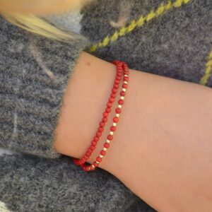 Genuine Coral Bracelet 3mm, Bracelet Femme, Red Boho Bracelet With Gold Hematite, Tiny Coral Bracelet, Gemstone Bracelet