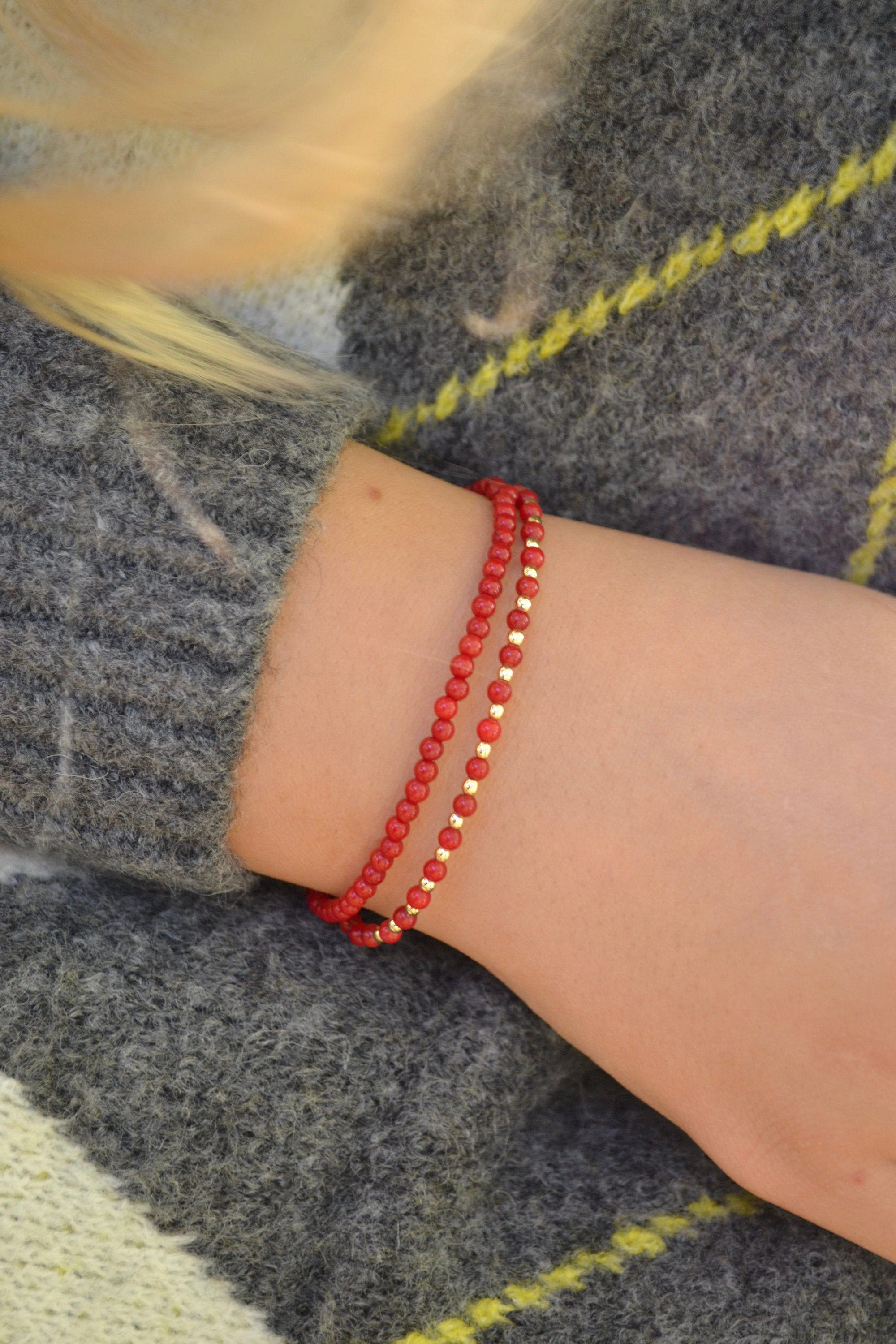 Genuine Coral Bracelet 3mm, Bracelet Femme, Red Boho Bracelet With Gold Hematite, Tiny Coral Bracelet, Gemstone Bracelet