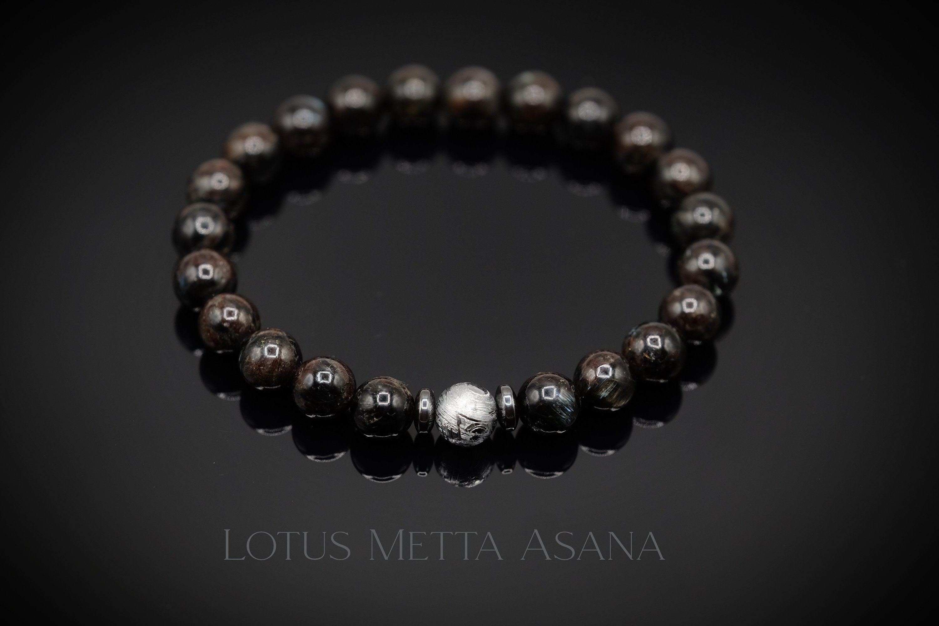 Gibeon Iron Meteorite, Arfvedsonite 8mm, Hematite Stretch Bracelet