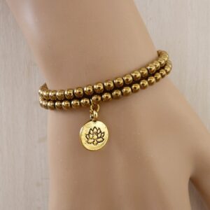 Gold Hematite Bracelet for women Gift Lotus Bracelet for her, Gold Bracelet Lotus Charme Bracelet Gold Bead brecelet everyday Bracelet