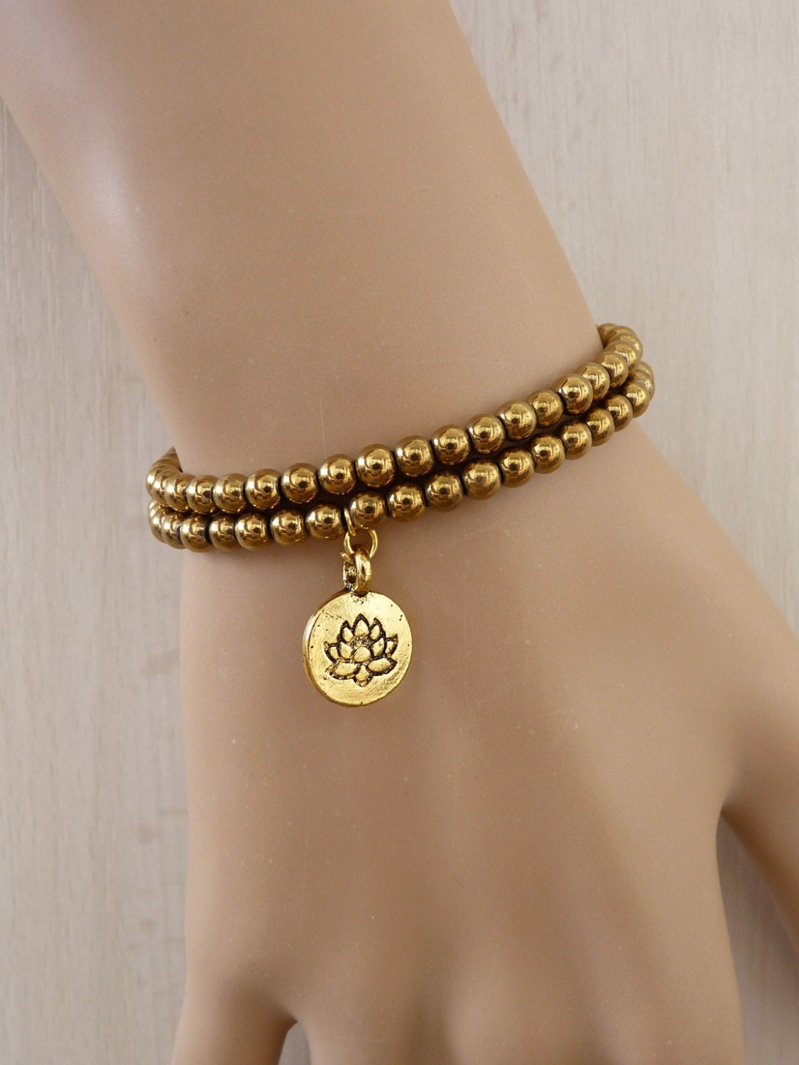 Gold Hematite Bracelet For Women Gift Lotus Bracelet For Her, Gold Bracelet Lotus Charme Bracelet Gold Bead Brecelet Everyday Bracelet