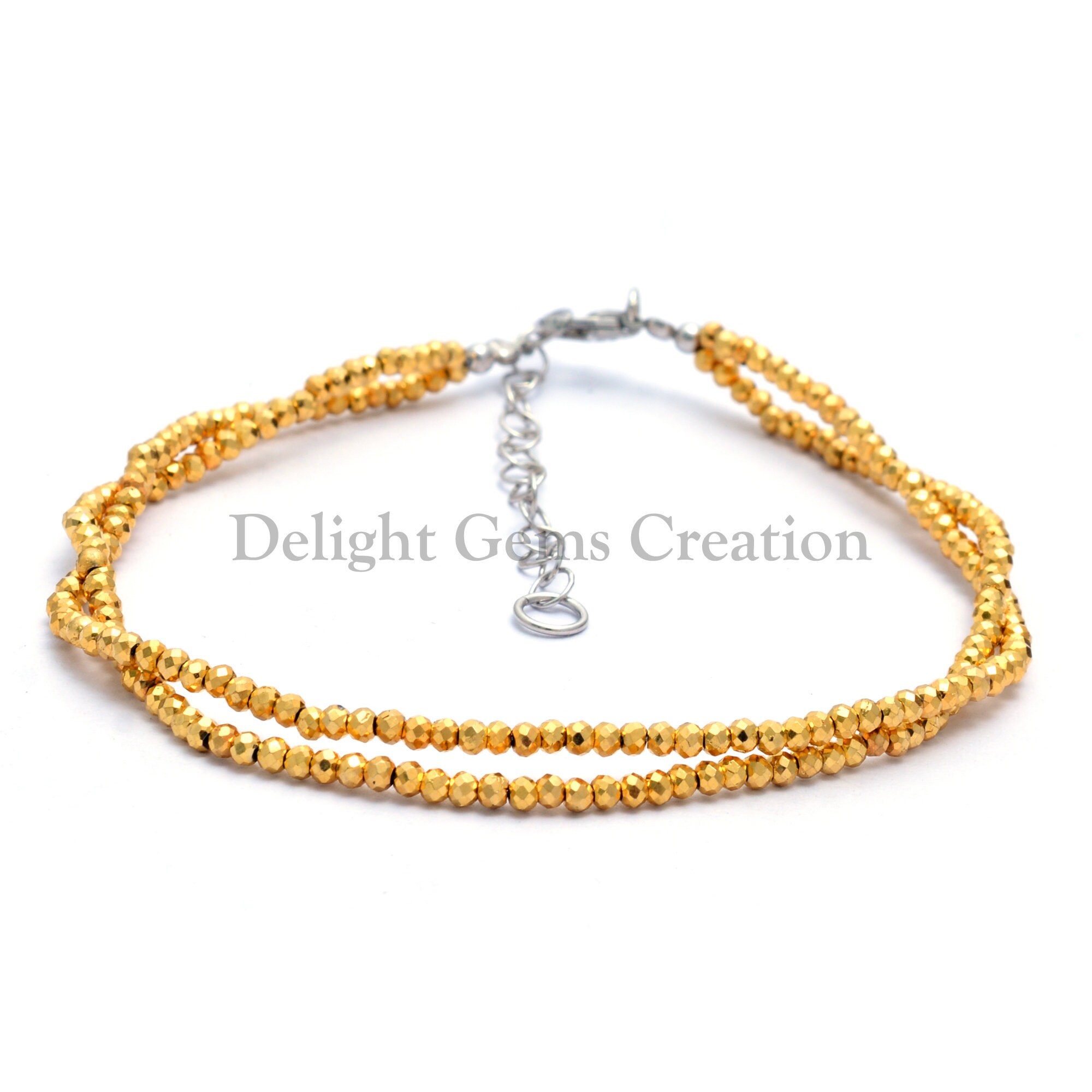Golden Hematite Beaded Bracelet, Micro Faceted Tiny Beads, 8 Inch