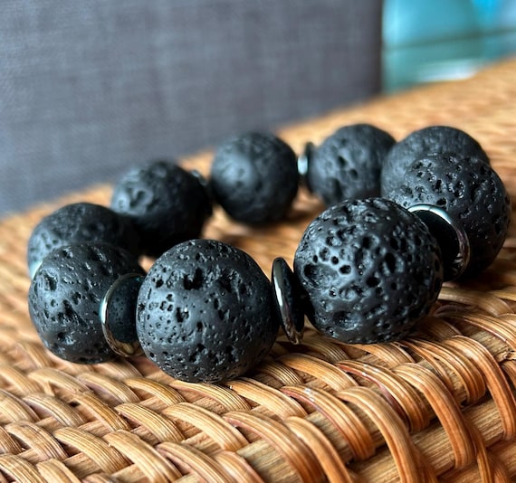 Huge Black Lava Bracelet, Mens Bracelets, Black Hematite Spacer Bracelet, Stretch Bracelet, Simple Black Bracelet Huge Black Lava Bracelet, Mens Bracelets, Black Hematite Spacer Bracelet, Stretch Bracelet, Simple Black Bracelet