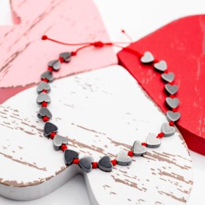 Macrame Bracelet with Hematite Hearts -  Handmade Adjustable Waxed Cord Bracelet - Valentine’s Day