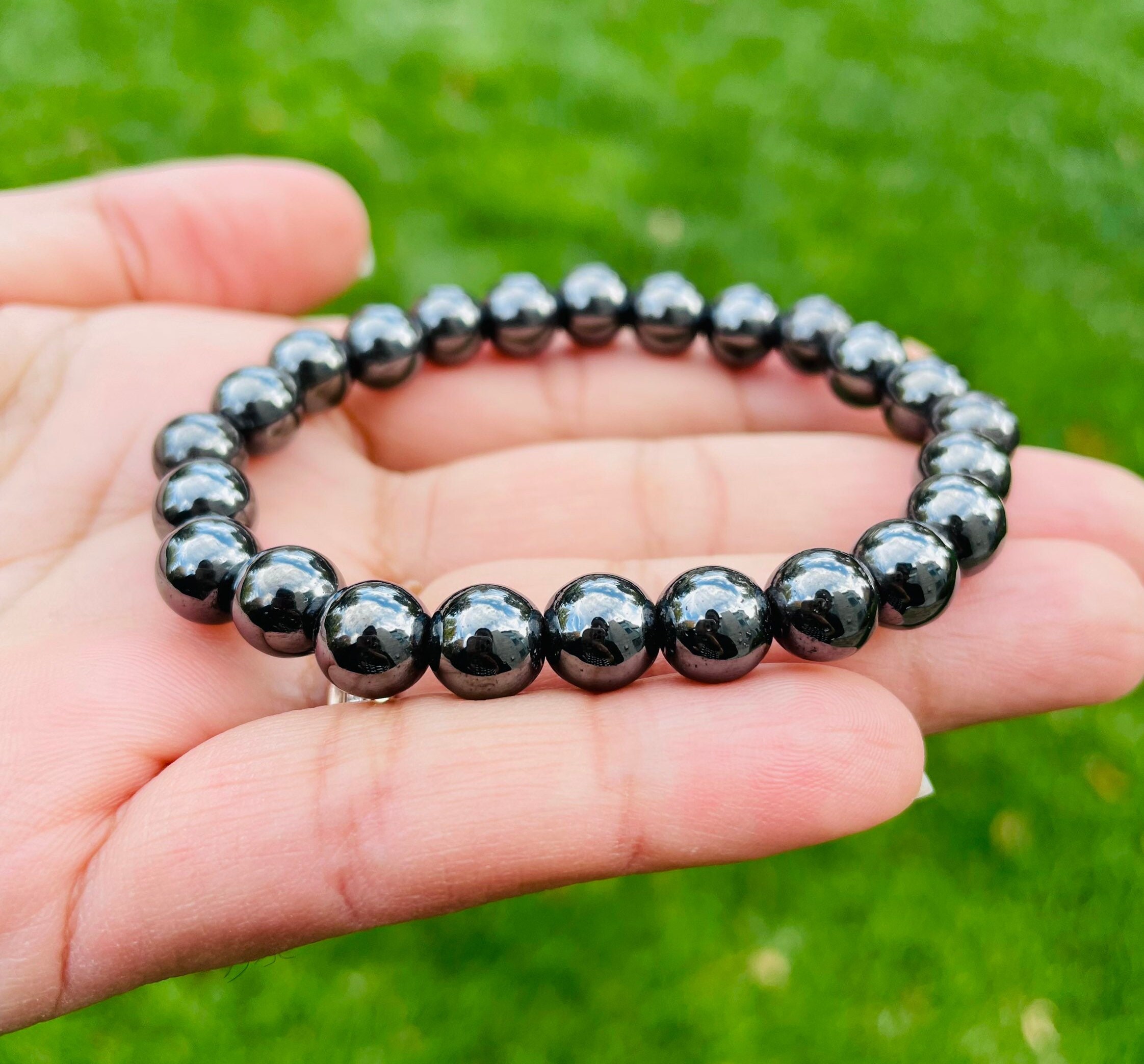 Magnetic Hematite Bracelet: Round Silver Gray Gemstone Bead