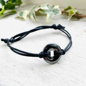Mens Hematite Leather Bracelet with Gemstone - Crystal Gift with Meaning - Adjustable Stone Wristband