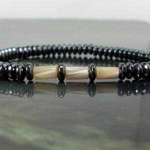 Mother of Pearl and Hematite Bracelet 6mm,  Women Mens Beaded Bracelet, Natural Gemstone Bracelet, Minimalistic Bracelet + Gift Bag