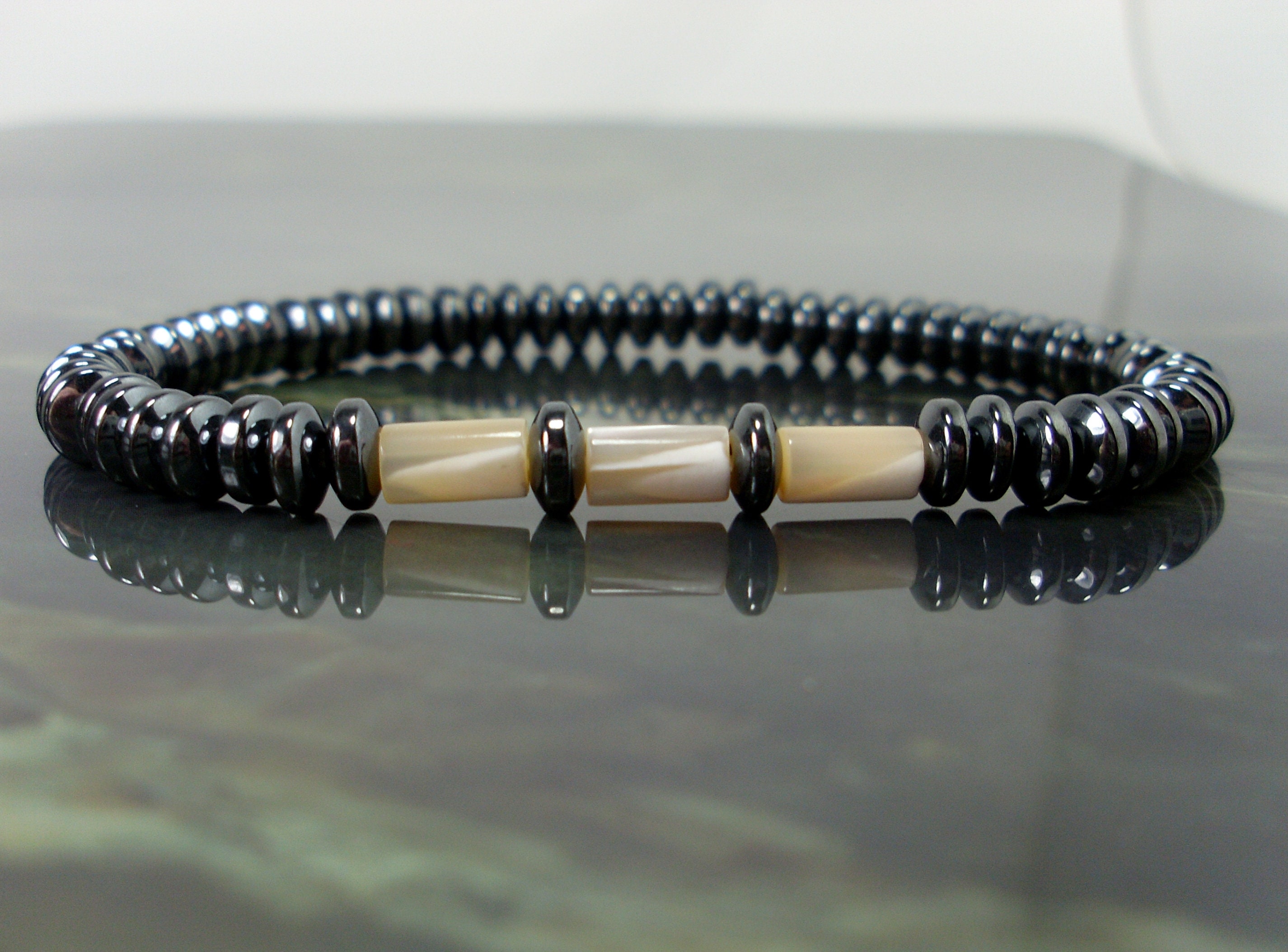 Mother Of Pearl And Hematite Bracelet 6mm,  Women Mens Beaded Bracelet, Natural Gemstone Bracelet, Minimalistic Bracelet + Gift Bag