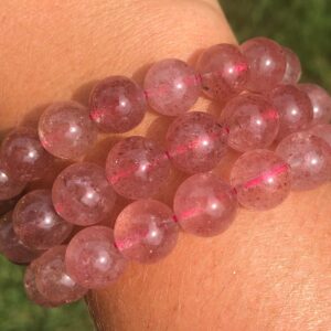 One Strawberry Quartz Bracelet, Crystal Bracelet, Beaded Gemstone Bracelet, Sparkly Red Hematite, Crystal Healing Jewelry, Round 10mm Beads