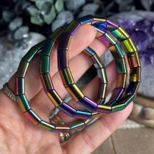 Rainbow Hematite Stretch Bangle Bracelet: Beaded Gemstone