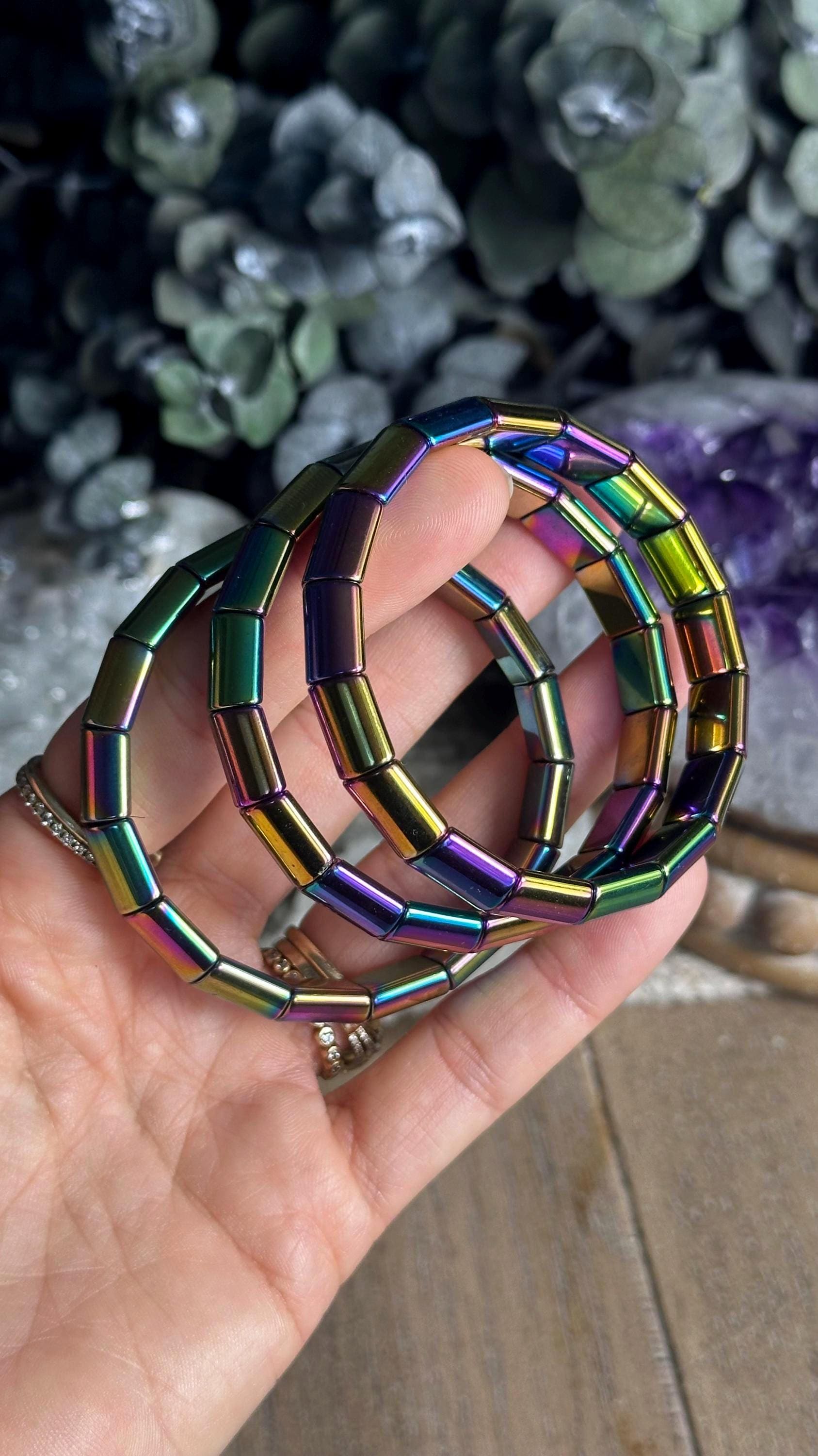 Rainbow Hematite Stretch Bangle Bracelet: Beaded Gemstone Rainbow Hematite Stretch Bangle Bracelet: Beaded Gemstone