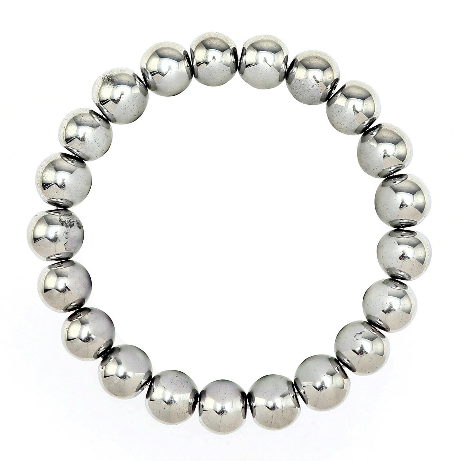 Silver Hematite Bracelet Smooth Round Size 10mm 8mm 7.5" Length Silver Hematite Bracelet Smooth Round Size 10mm 8mm 7.5" Length
