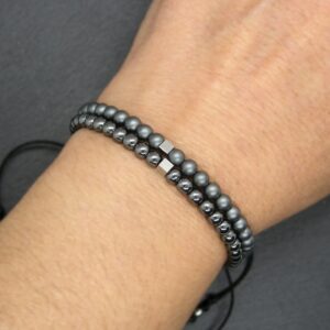 Hematite Bracelet: Unisex Adjustable Wristband with Stainless Steel Cube, Matte or Glossy stones