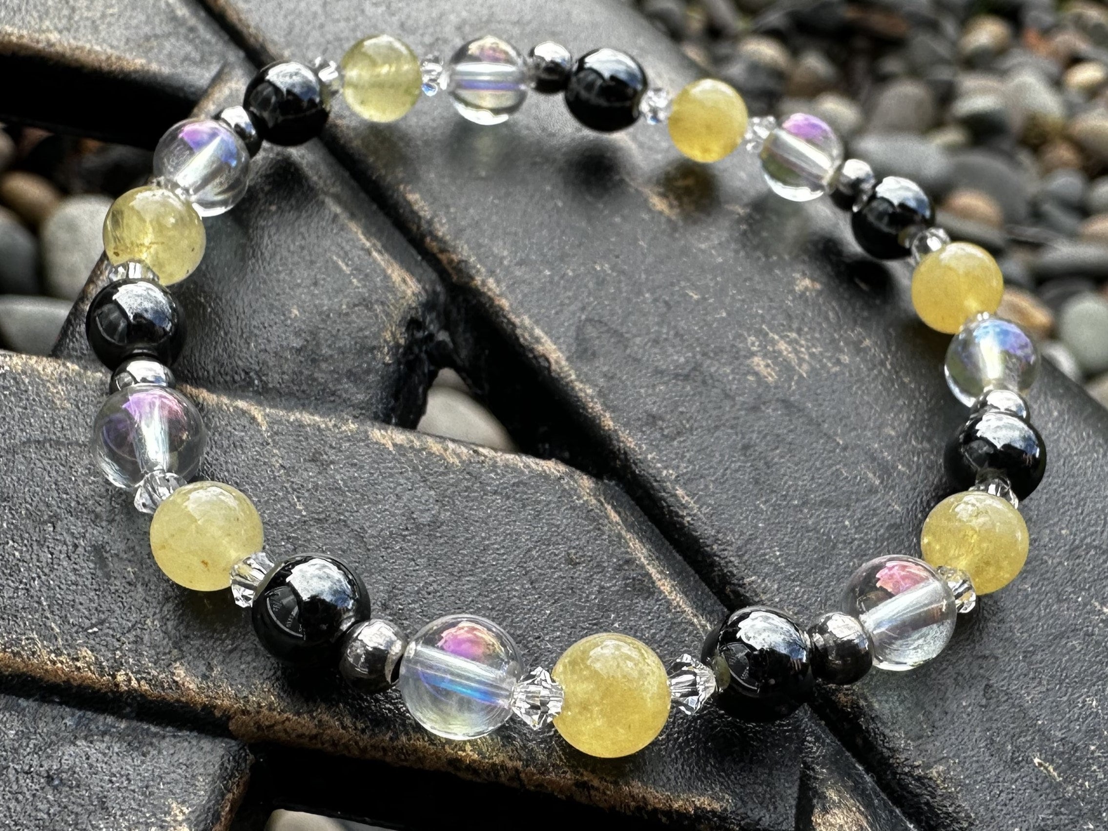 Yellow Danburite, Angel Aura And Hematite Healing Stone Bracelet Or Anklet With Positive Healing Energy! Yellow Danburite, Angel Aura And Hematite Healing Stone Bracelet Or Anklet With Positive Healing Energy!