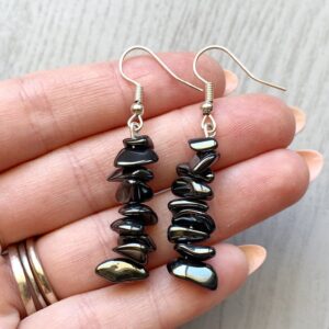 Dainty Hematite Dangle Earrings: Raw Black Crystal, Sterling Silver