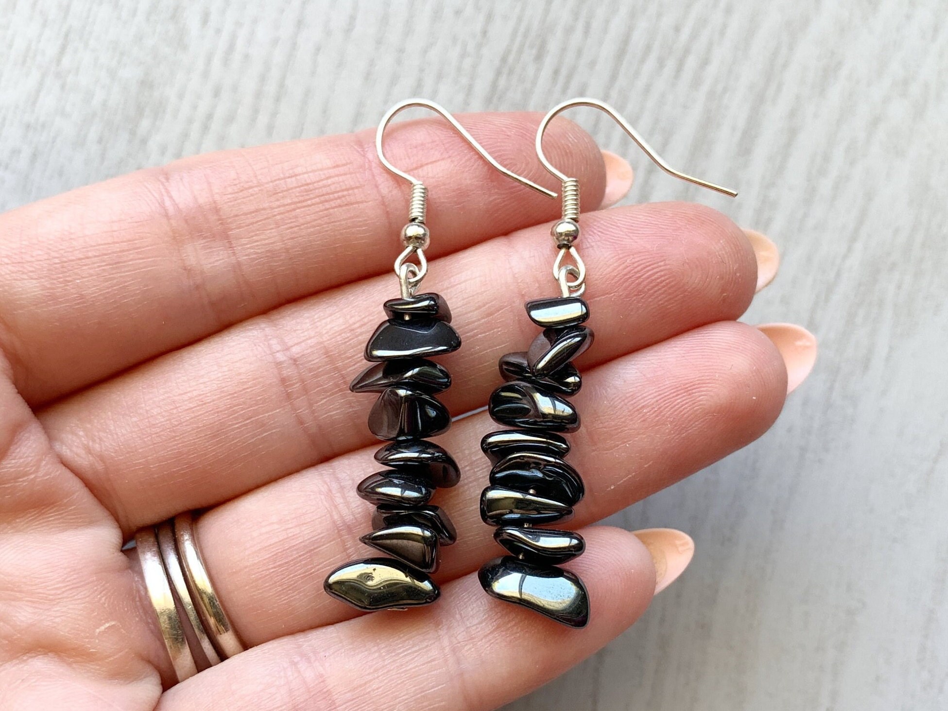 Dainty Hematite Dangle Earrings: Raw Black Crystal, Sterling Silver