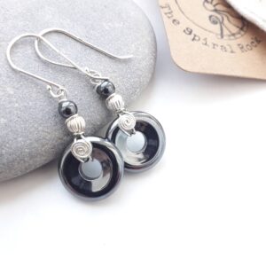 Hematite Drop Earrings, Iron Anniversary Gift, Gothic Earrings With Sterling Silver Spiral Wire Wrap .