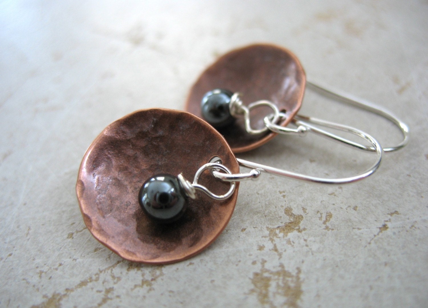Hematite Gemstone Copper Metalwork Earrings Handmade In Usa Hematite Gemstone Copper Metalwork Earrings Handmade In Usa
