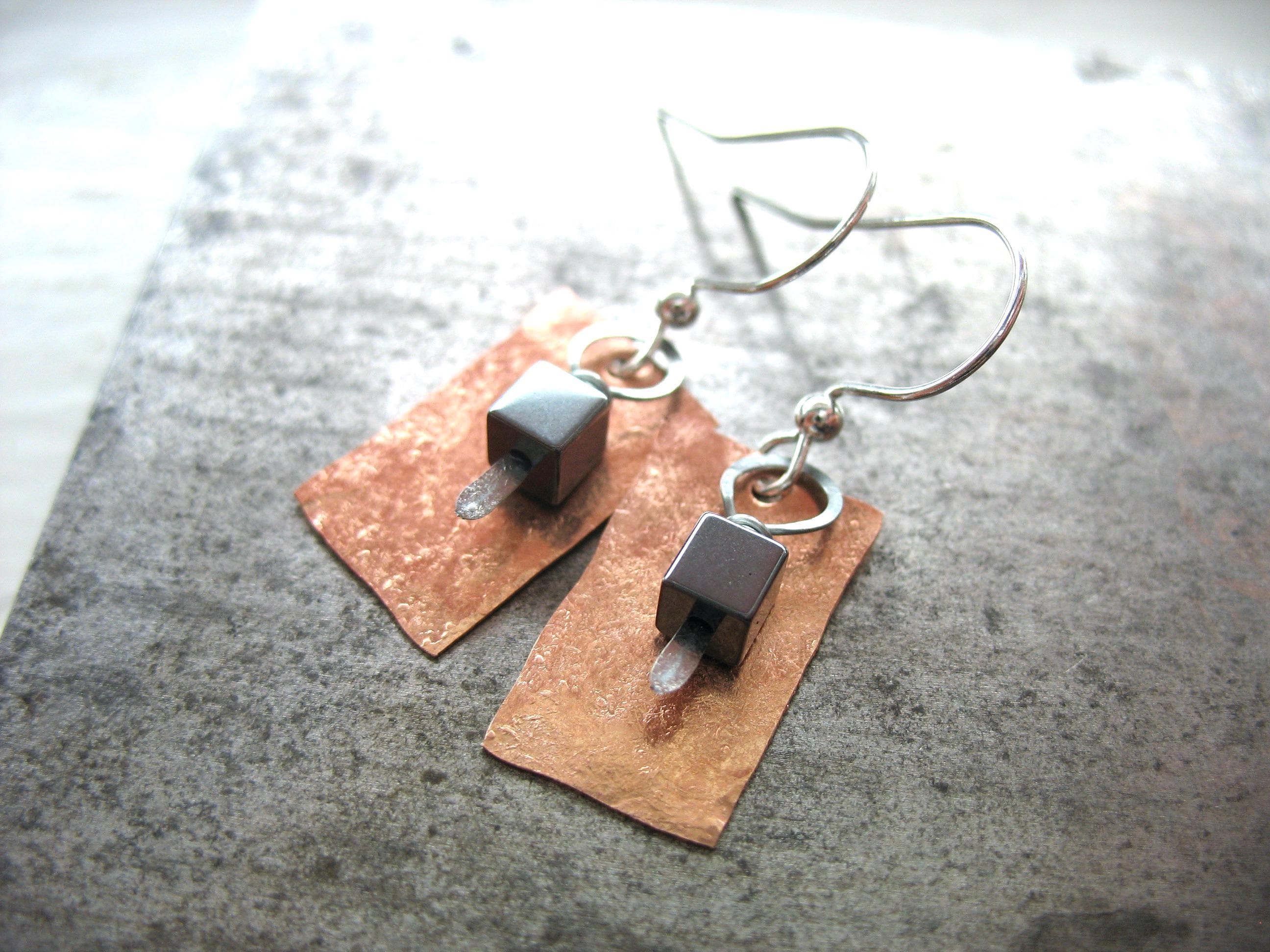 Hematite Gemstone Copper Silver Metalwork Earrings Jewelry Handmade In Usa