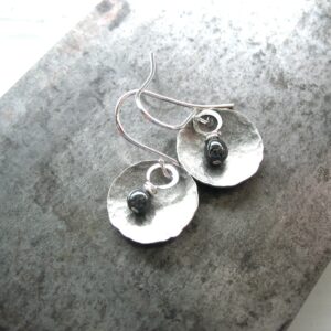 Hematite Gemstone Silver Dome Metalwork Earrings Jewelry Handmade In Usa